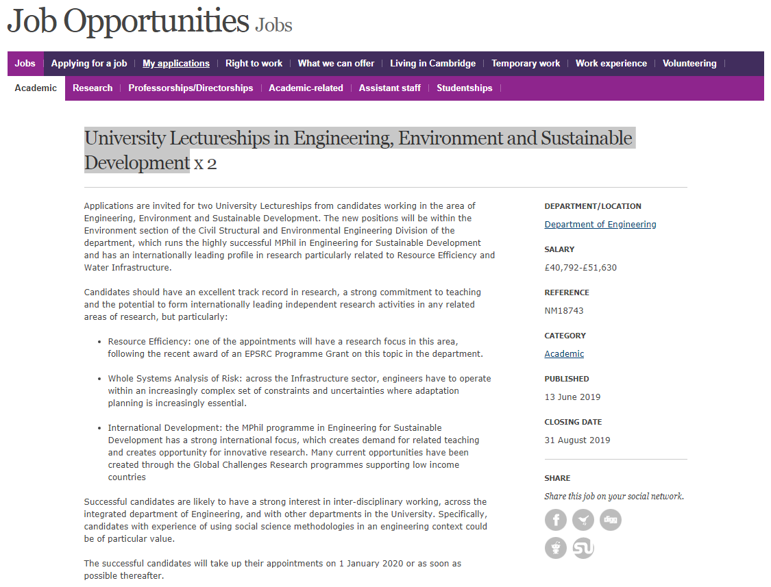 University Lectureships in Engineering, Environment and Sustainable Development