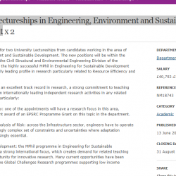 University Lectureships in Engineering, Environment and Sustainable Development